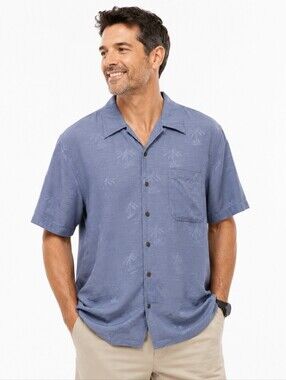 George Foreman 100% Silk button down Camp Shirt Blue Size 2X Big Blue Palm Trees